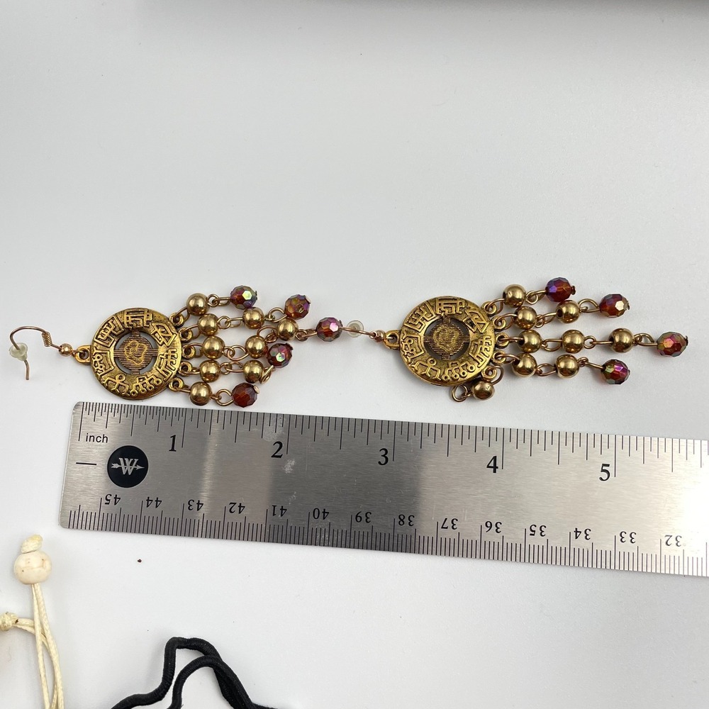 Vintage 90s Gold Tone Aztec Sun Dangle Earrings Iridescent Glass Chandelier Boho - Picture 6 of 6